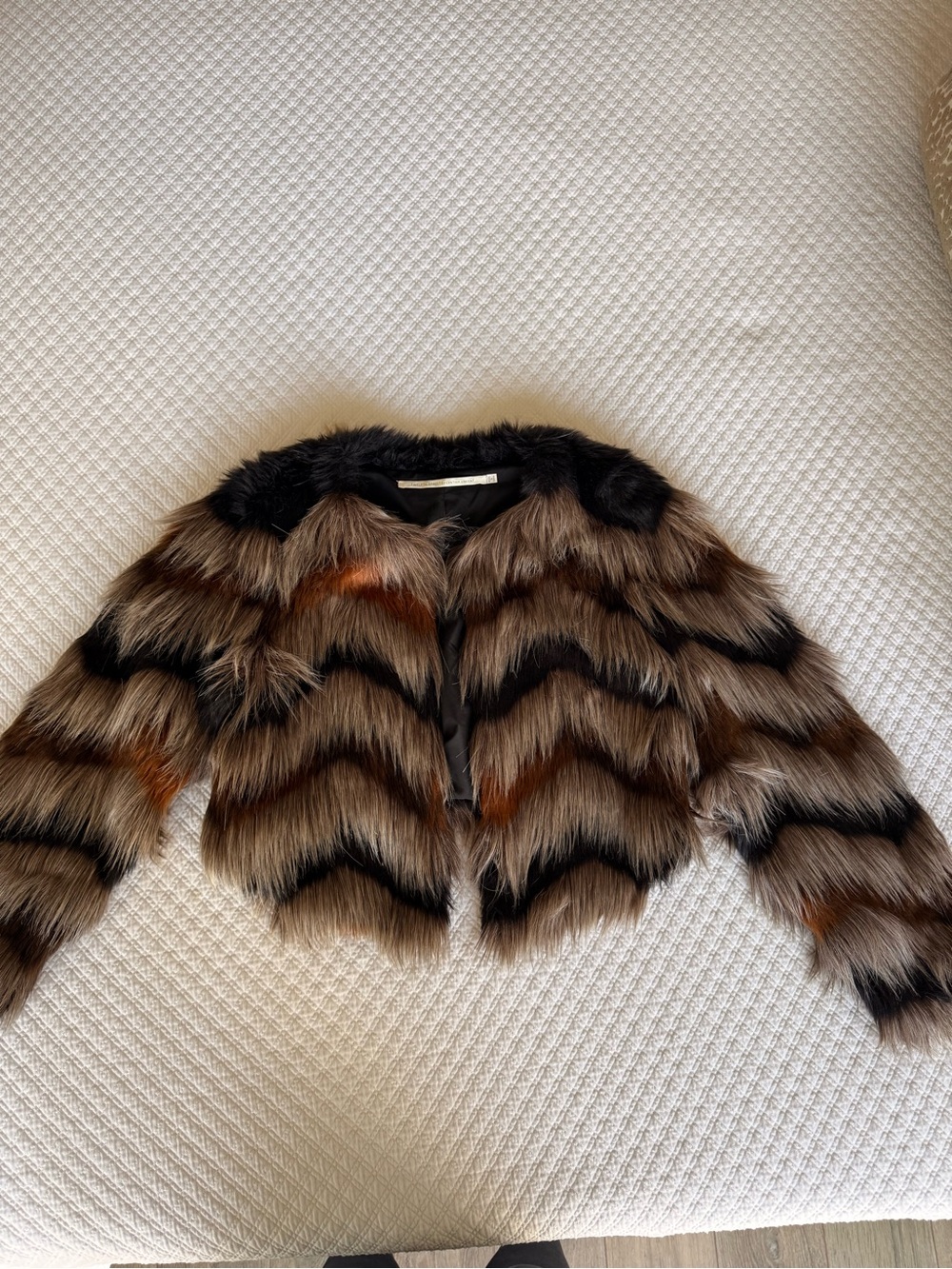 Cynthia Vincent Faux Fur Cropped Jacket in Brown Multi